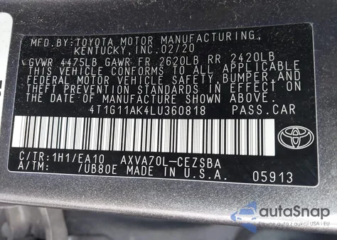 2020 Toyota Camry Se z USA, uszkodzony, nr VIN 4T1G11AK4LU360818